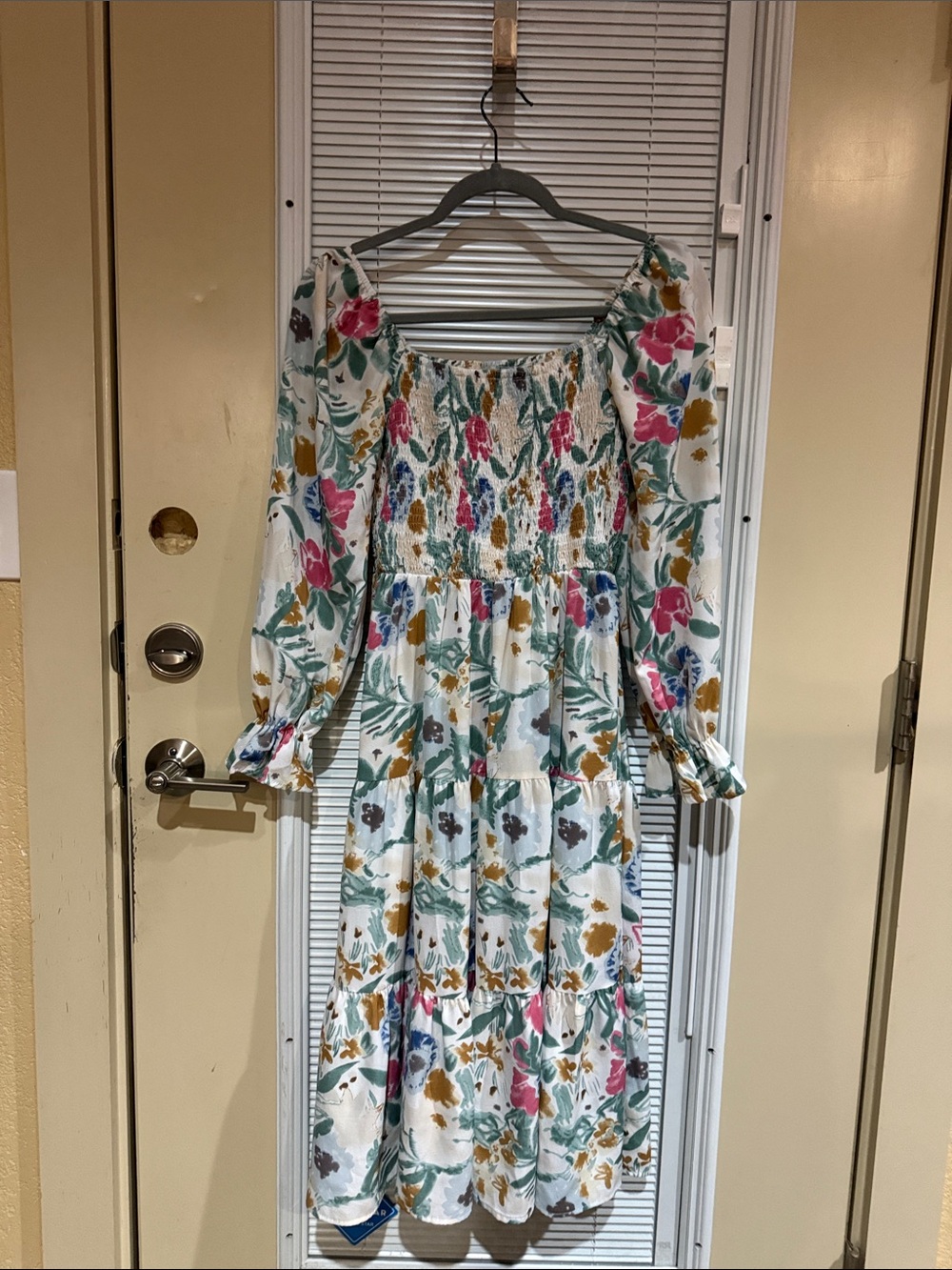 Smocked Floral Long Sleeve Midi Dress - White/Multi